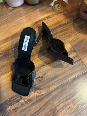 Steve Madden Black Patent Open-Toe Mule Heels